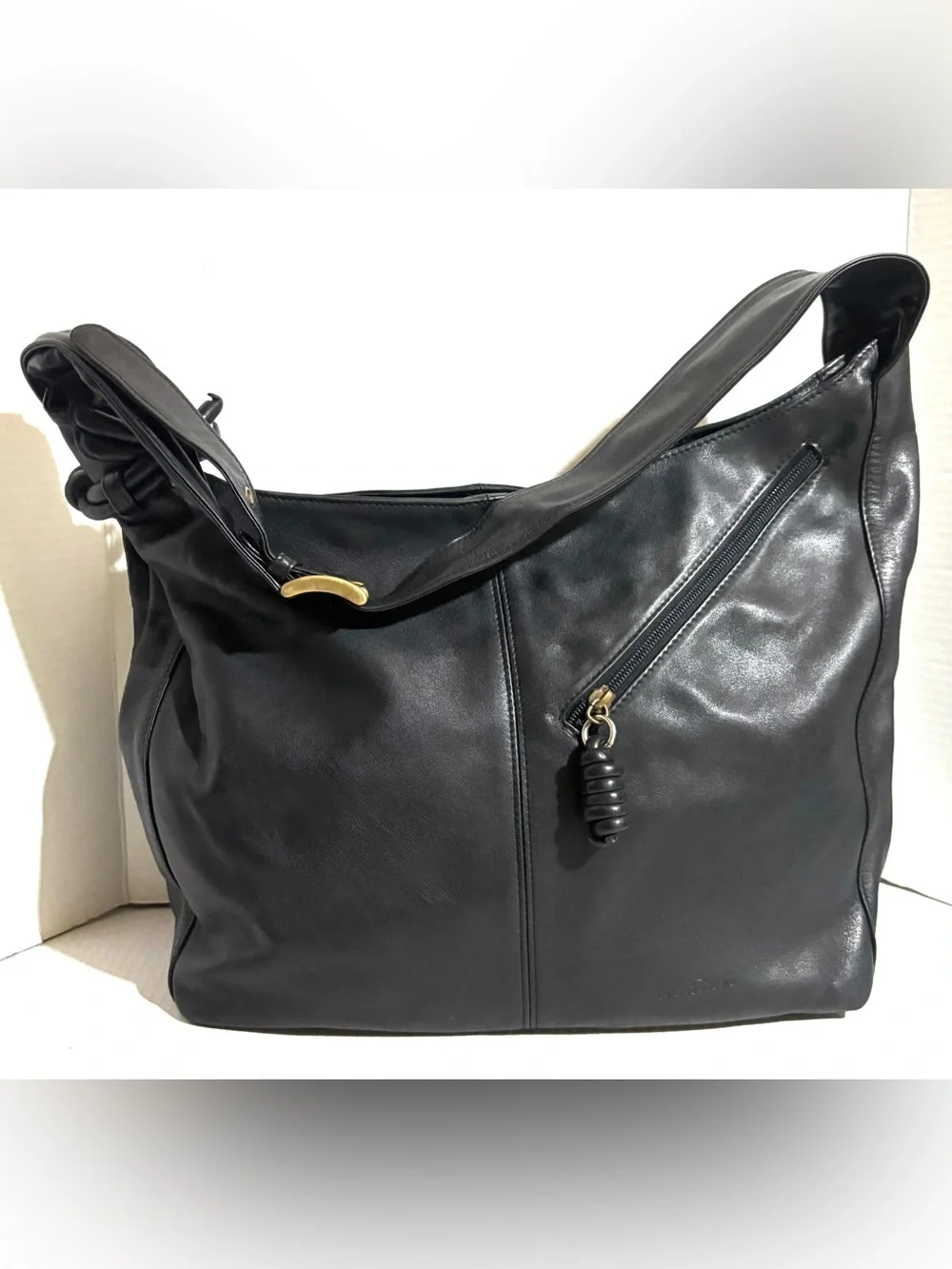 Black Leather Shoulder Hobo Bag with Zip Accent